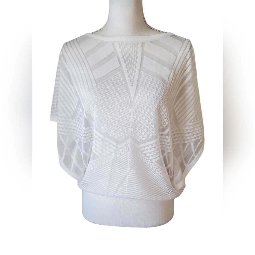 White House Black Market White Textured Sheer Blouson Top Dolman Sleeve Size L - Picture 2 of 10